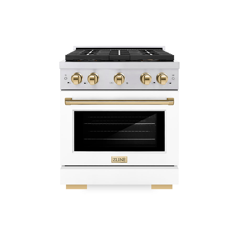 Autograph Edition 30 In. 4.2 Cu. Ft. Paramount Gas Range With 4 Burner Duopro™ Cooktop And Convection Gas Oven In Stainless Steel With White Matte Door And Polished Gold Accents PSGRZWM30G