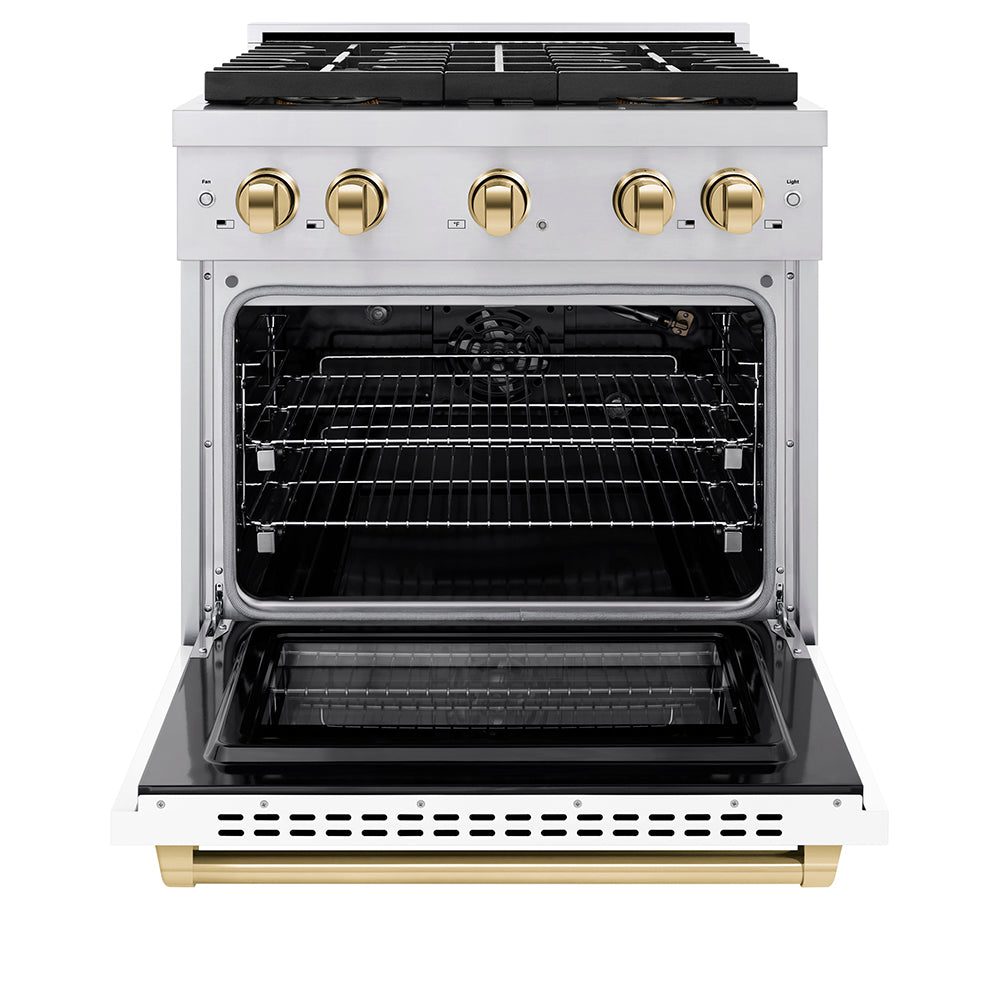 Autograph Edition 30 In. 4.2 Cu. Ft. Paramount Gas Range With 4 Burner Duopro™ Cooktop And Convection Gas Oven In Stainless Steel With White Matte Door And Polished Gold Accents PSGRZWM30G