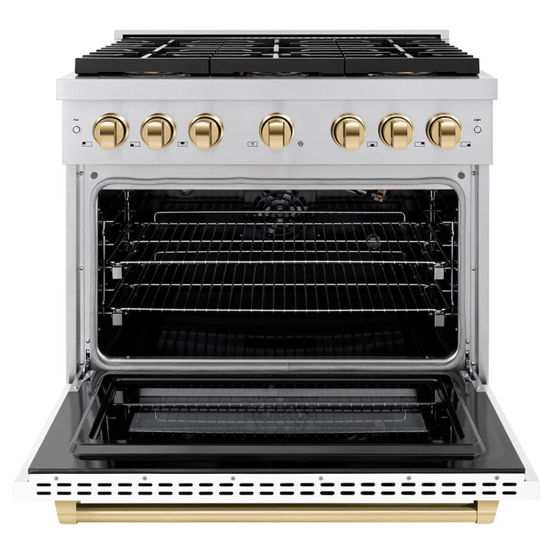 Autograph Edition 36 In. 5.2 Cu. Ft. Paramount Gas Range With 6 Burner Duopro™ Cooktop And Convection Gas Oven With White Matte Door And Polished Gold Accents PSGRZWM36G