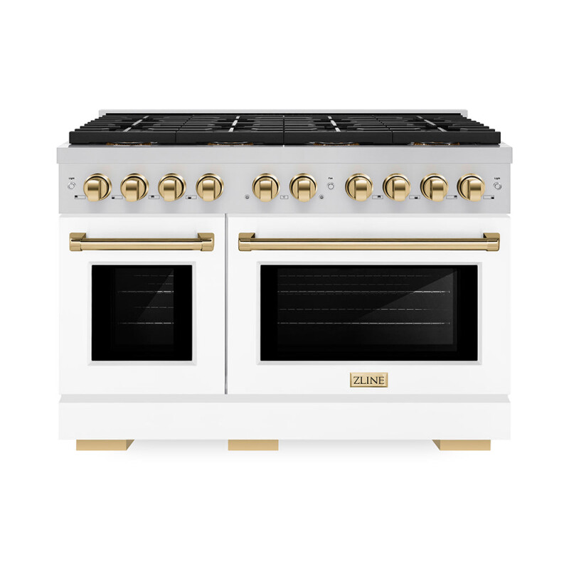 Autograph Edition 48 In. 6.7 Cu. Ft. Paramount Gas Range With 8 Burner Duopro™ Cooktop And Dual Ovens With White Matte Doors And Polished Gold Accents PSGRZWM48G