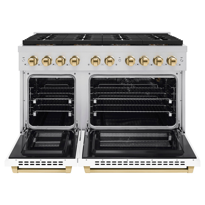 Autograph Edition 48 In. 6.7 Cu. Ft. Paramount Gas Range With 8 Burner Duopro™ Cooktop And Dual Ovens With White Matte Doors And Polished Gold Accents PSGRZWM48G