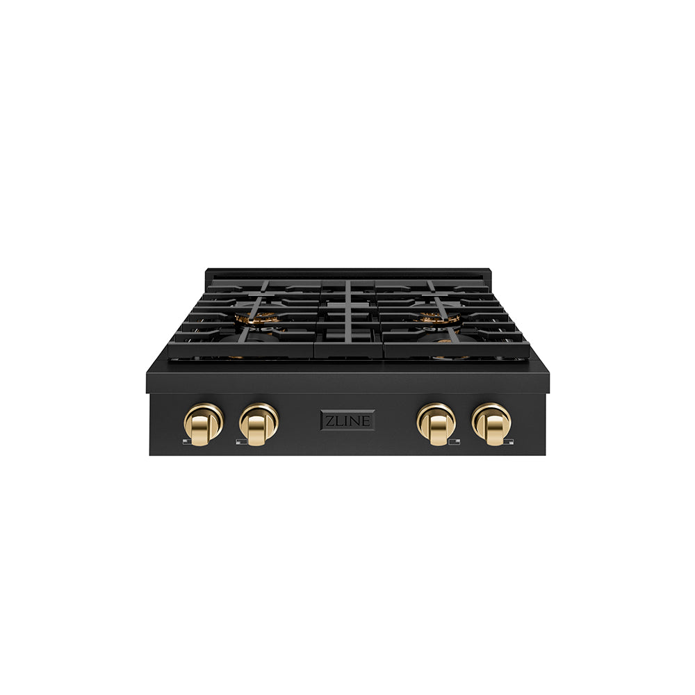 Autograph Edition 30 In. Paramount Gas Rangetop With 4 Burner Duopro™ Cooktop In Black Stainless Steel And Polished Gold Accents PSRTBZ30G