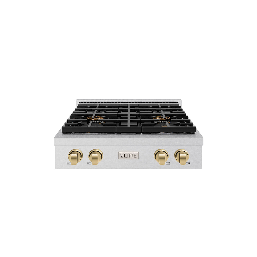 Autograph Edition 30 In. Paramount Gas Rangetop With 4 Burner Duopro™ Cooktop In Satin Stainless Steel And Champagne Bronze Accents PSRTSZ30CB