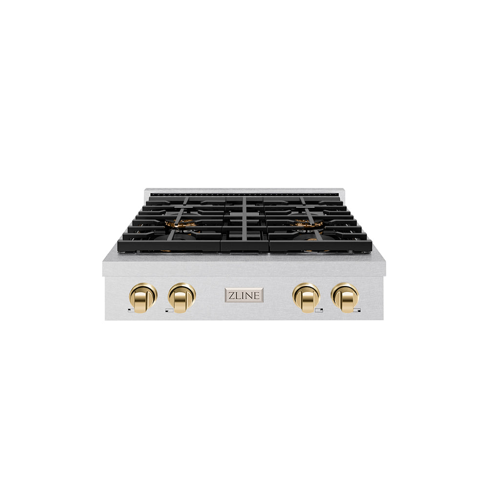 Autograph Edition 30 In. Paramount Gas Rangetop With 4 Burner Duopro™ Cooktop In Satin Stainless Steel And Polished Gold Accents PSRTSZ30G
