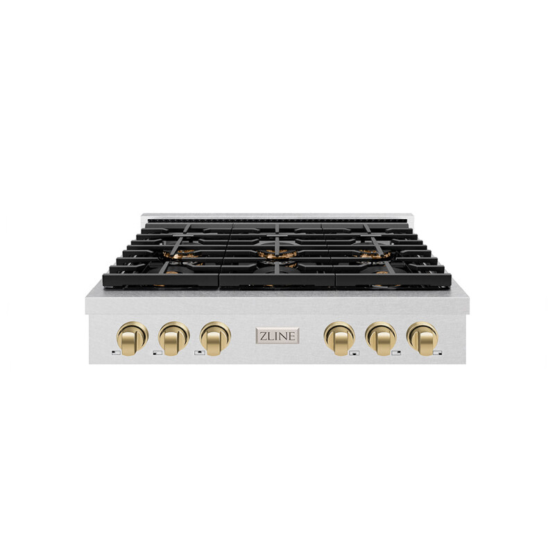 Autograph Edition 36 In. Paramount Gas Rangetop With 6 Burner Duopro™ Cooktop In Satin Stainless Steel And Champagne Bronze Accents PSRTSZ36CB