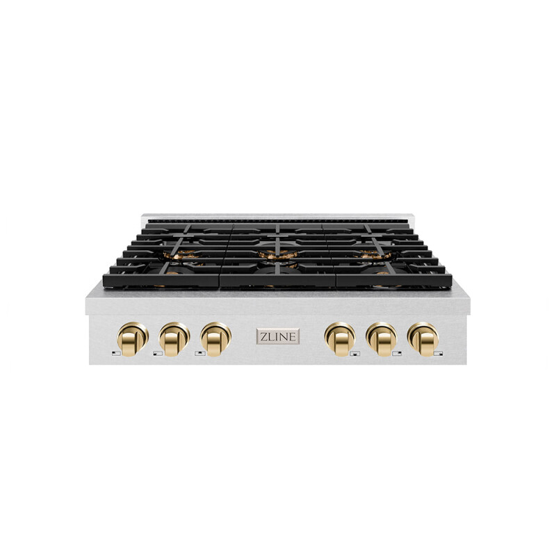 Autograph Edition 36 In. Paramount Gas Rangetop With 6 Burner Duopro™ Cooktop In Satin Stainless Steel And Polished Gold Accents PSRTSZ36G