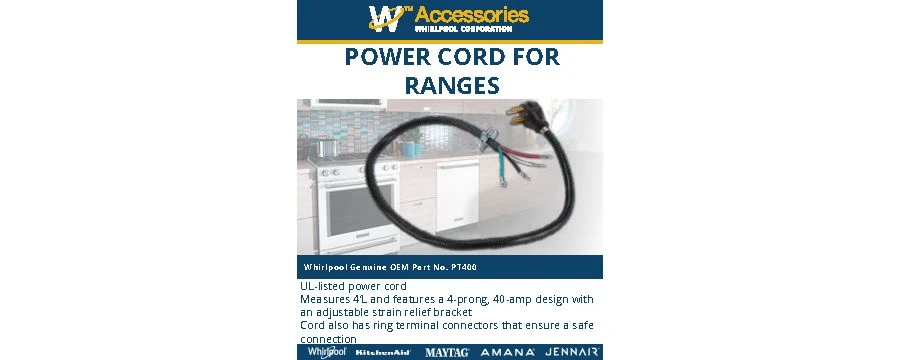 4' Electric Range Power Cord 4 Wire 40 Amp Right Angle Plug PT400