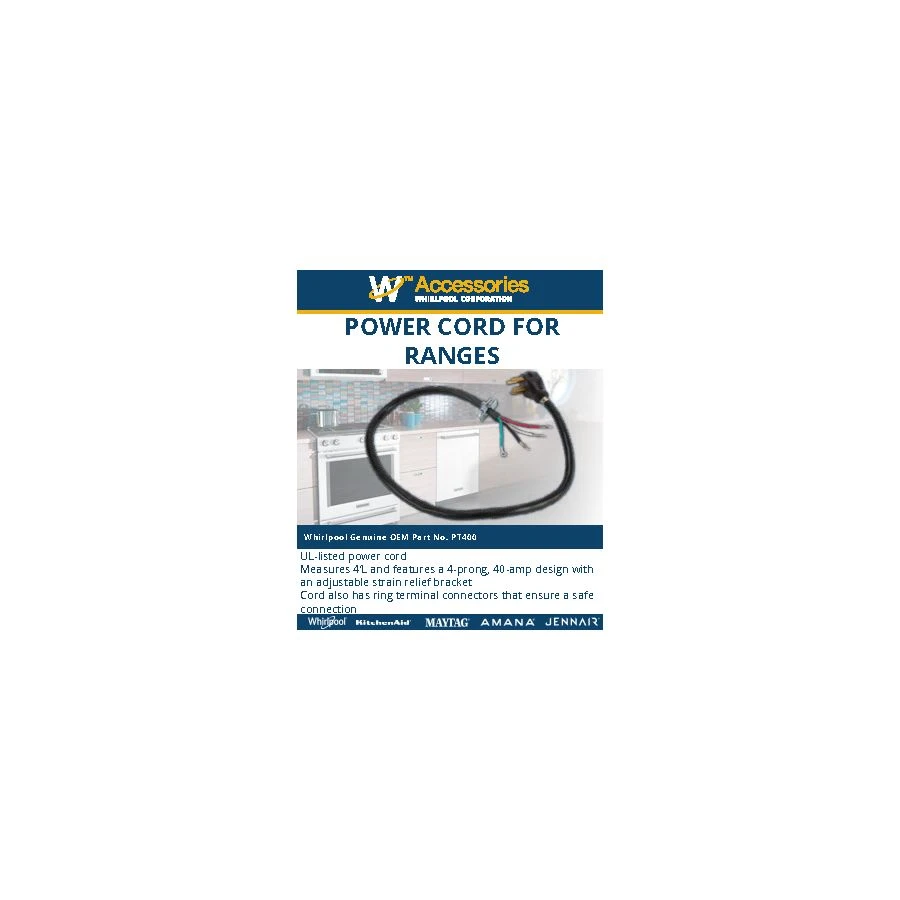 4' Electric Range Power Cord 4 Wire 40 Amp Right Angle Plug PT400