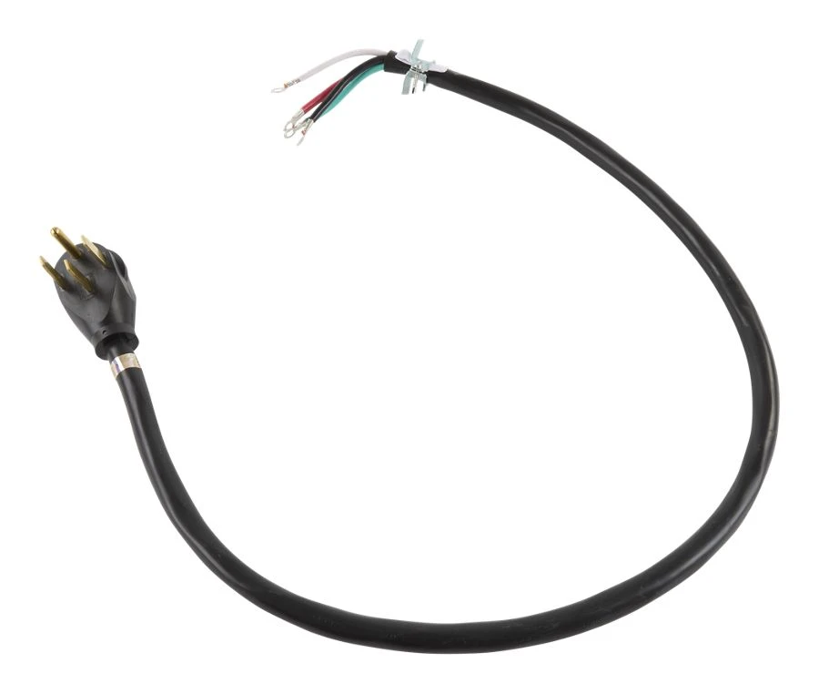 4' Electric Range Power Cord, rated 50 A, 4-wire with ring terminal connectors, and right-angle 4-prong plug PT500
