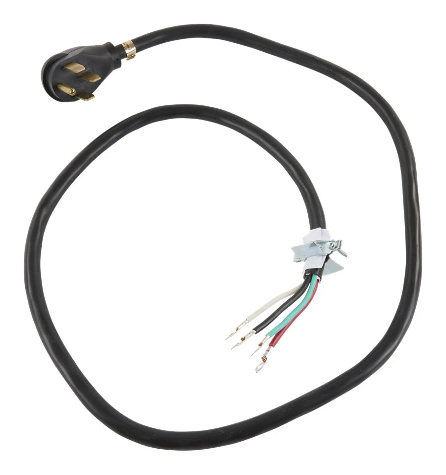 6' Electric Range Power Cord, rated 40 A, 4-wire 4-ring terminal connectors, and right-angle 4-prong plug PT600