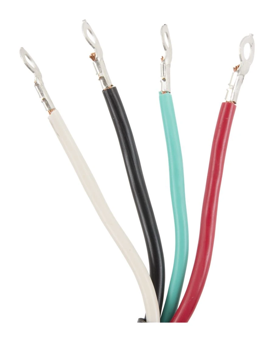6' Electric Range Power Cord, rated 40 A, 4-wire 4-ring terminal connectors, and right-angle 4-prong plug PT600