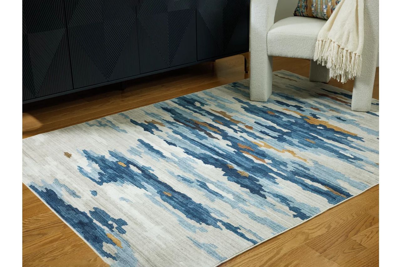 Vinlett 5' x 7' Washable Rug In Blue/Cream/Brown R407042
