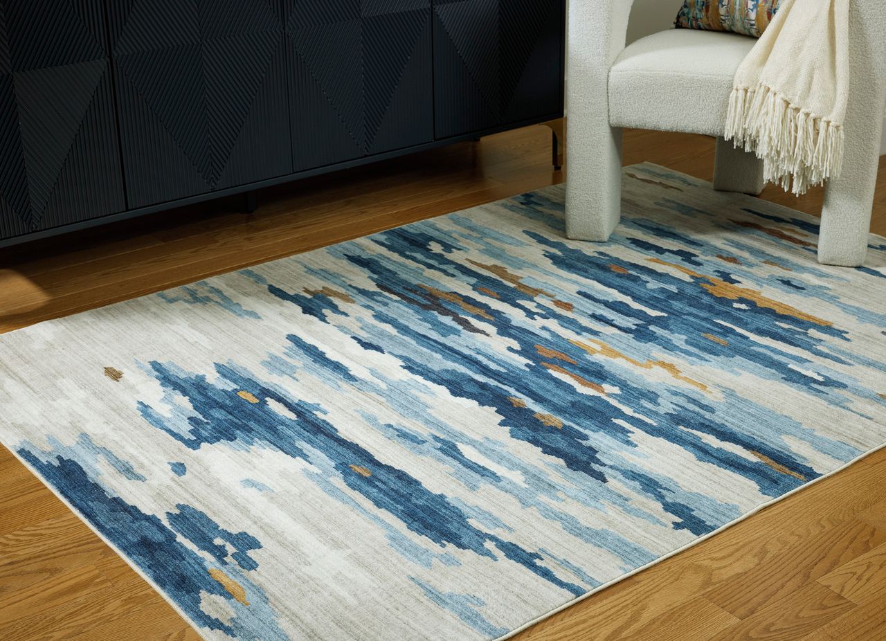 Vinlett 5' x 7' Washable Rug In Blue/Cream/Brown R407042
