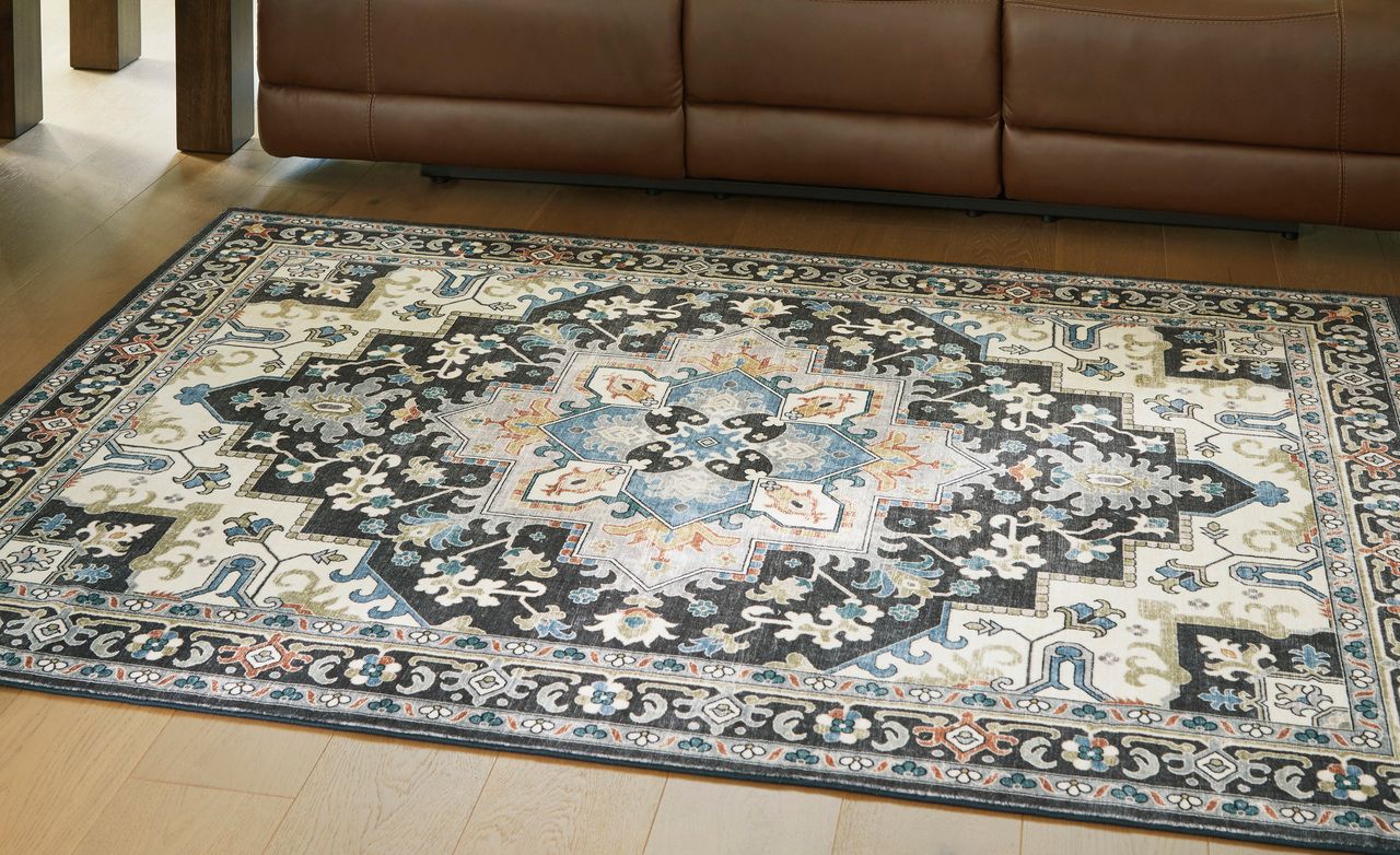Leningston 5' x 7' Washable Rug In Black/Cream/Blue R407062