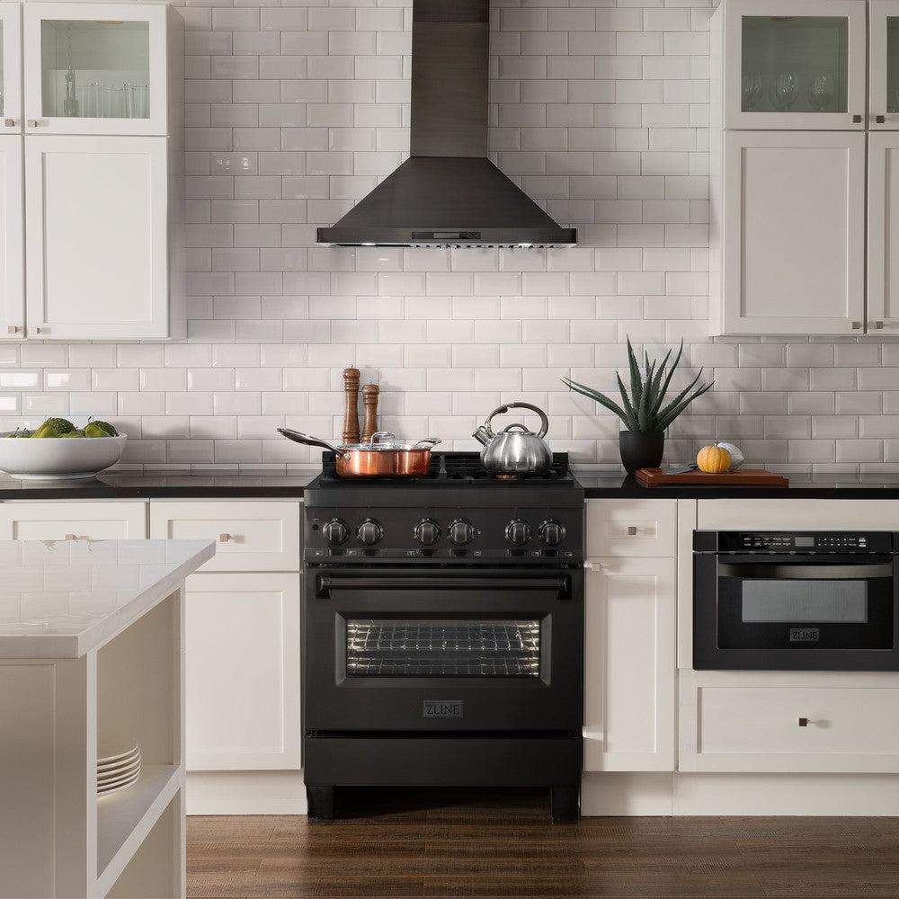 30 In. 4.0 Cu. Ft. Legacy Dual Fuel Range With Gas Cooktop And Electric Convection Oven In Black Stainless Steel With 4 Brass Burners RABBR30