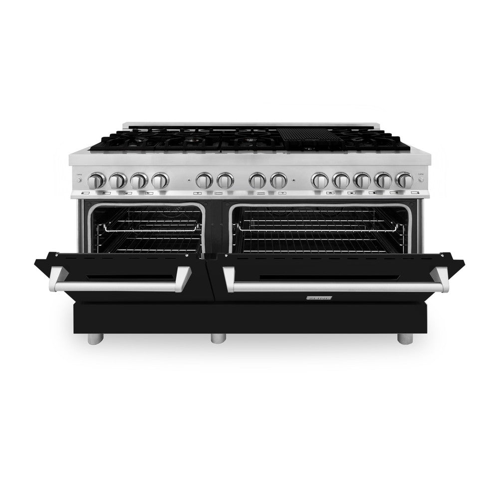 60 In. 7.4 Cu. Ft. Legacy Dual Fuel Range With 9 Burner Gas Cooktop And 2 Electric Convection Ovens In Stainless Steel And Black Matte Doors RABLM60