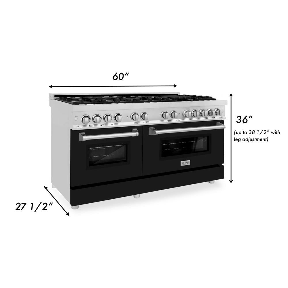 60 In. 7.4 Cu. Ft. Legacy Dual Fuel Range With 9 Burner Gas Cooktop And 2 Electric Convection Ovens In Stainless Steel And Black Matte Doors RABLM60