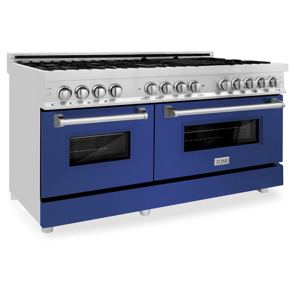 60 In. 7.4 Cu. Ft. Legacy Dual Fuel Range With 9 Burner Gas Cooktop And 2 Electric Convection Ovens In Stainless Steel And Blue Matte Doors RABM60