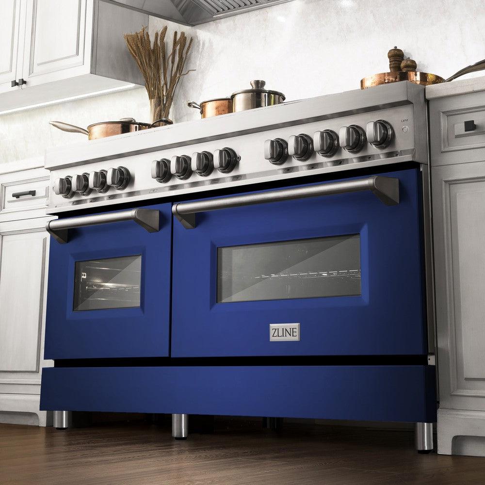 60 In. 7.4 Cu. Ft. Legacy Dual Fuel Range With 9 Burner Gas Cooktop And 2 Electric Convection Ovens In Stainless Steel And Blue Matte Doors RABM60
