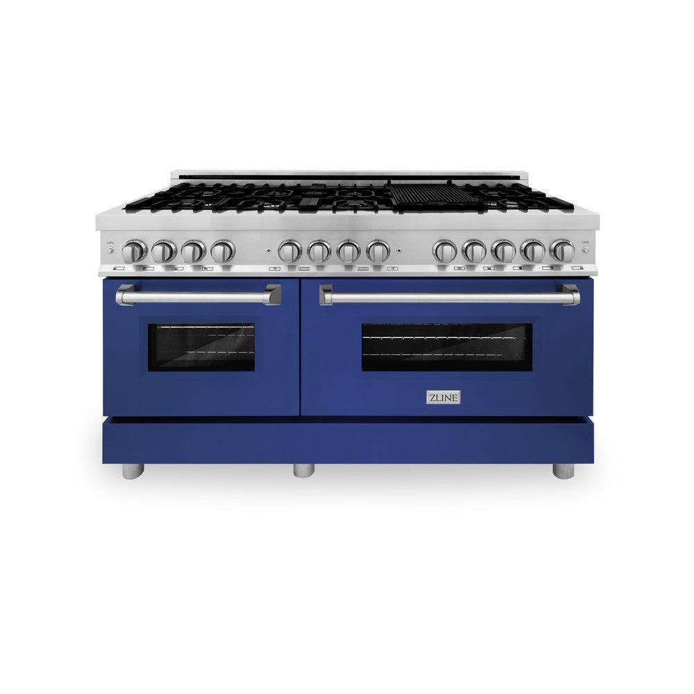 60 In. 7.4 Cu. Ft. Legacy Dual Fuel Range With 9 Burner Gas Cooktop And 2 Electric Convection Ovens In Stainless Steel And Blue Matte Doors RABM60