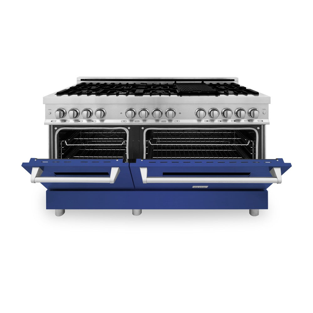 60 In. 7.4 Cu. Ft. Legacy Dual Fuel Range With 9 Burner Gas Cooktop And 2 Electric Convection Ovens In Stainless Steel And Blue Matte Doors RABM60
