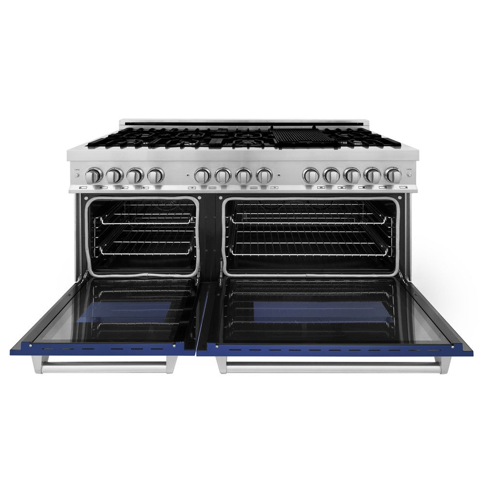 60 In. 7.4 Cu. Ft. Legacy Dual Fuel Range With 9 Burner Gas Cooktop And 2 Electric Convection Ovens In Stainless Steel And Blue Matte Doors RABM60