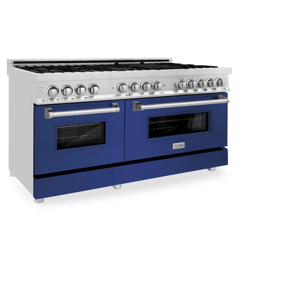 60 In. 7.4 Cu. Ft. Legacy Dual Fuel Range With 9 Burner Gas Cooktop And 2 Electric Convection Ovens In Stainless Steel And Blue Matte Doors RABM60