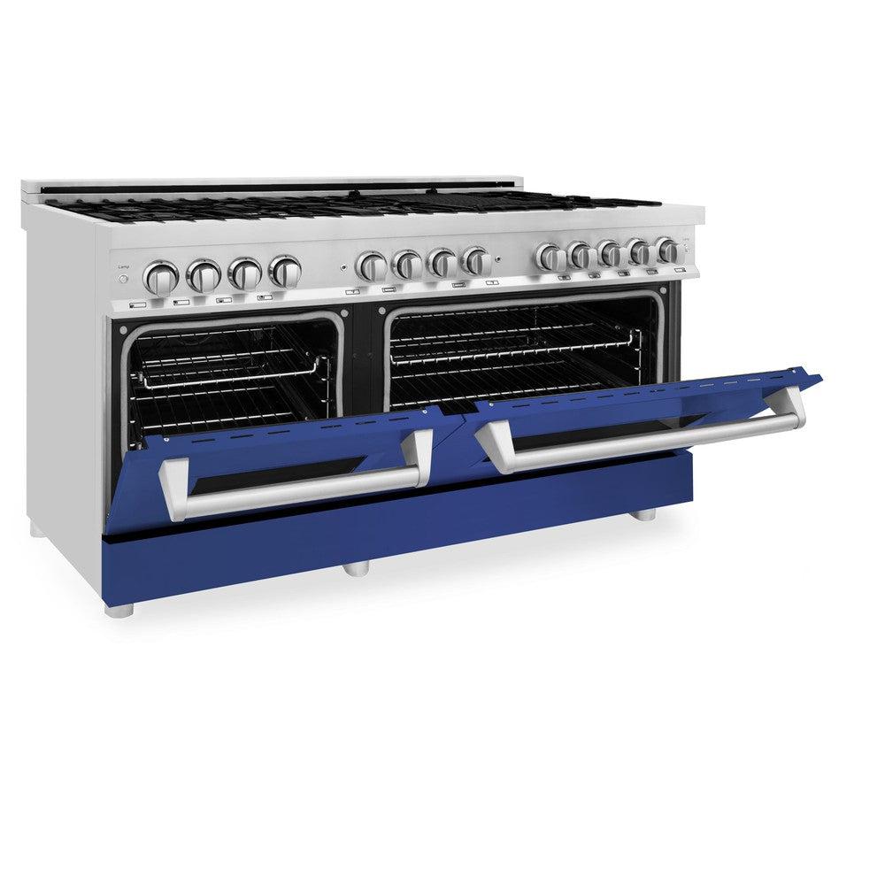60 In. 7.4 Cu. Ft. Legacy Dual Fuel Range With 9 Burner Gas Cooktop And 2 Electric Convection Ovens In Stainless Steel And Blue Matte Doors RABM60