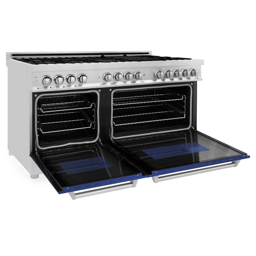 60 In. 7.4 Cu. Ft. Legacy Dual Fuel Range With 9 Burner Gas Cooktop And 2 Electric Convection Ovens In Stainless Steel And Blue Matte Doors RABM60