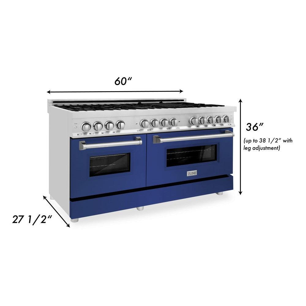 60 In. 7.4 Cu. Ft. Legacy Dual Fuel Range With 9 Burner Gas Cooktop And 2 Electric Convection Ovens In Stainless Steel And Blue Matte Doors RABM60