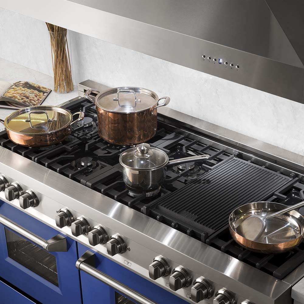 60 In. 7.4 Cu. Ft. Legacy Dual Fuel Range With 9 Burner Gas Cooktop And 2 Electric Convection Ovens In Stainless Steel And Blue Matte Doors RABM60