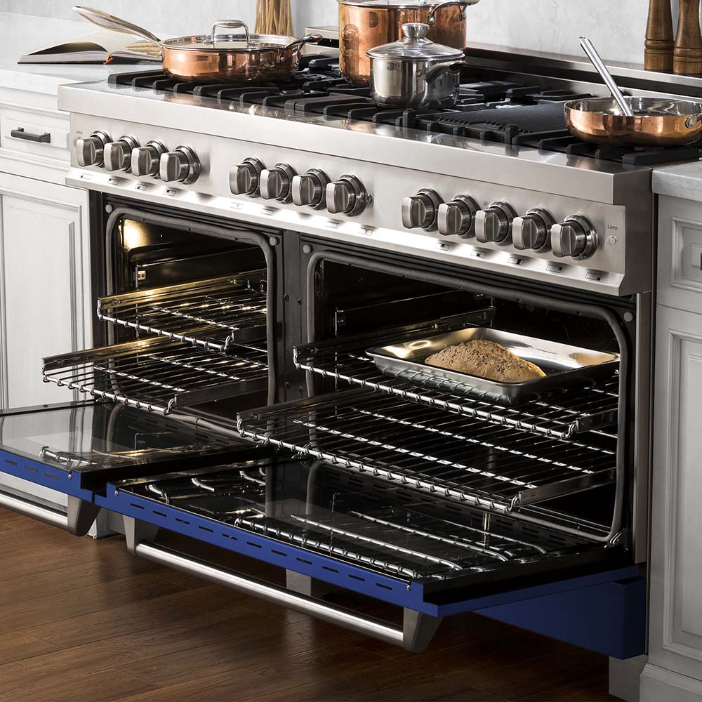 60 In. 7.4 Cu. Ft. Legacy Dual Fuel Range With 9 Burner Gas Cooktop And 2 Electric Convection Ovens In Stainless Steel And Blue Matte Doors RABM60
