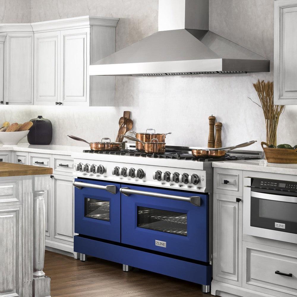 60 In. 7.4 Cu. Ft. Legacy Dual Fuel Range With 9 Burner Gas Cooktop And 2 Electric Convection Ovens In Stainless Steel And Blue Matte Doors RABM60
