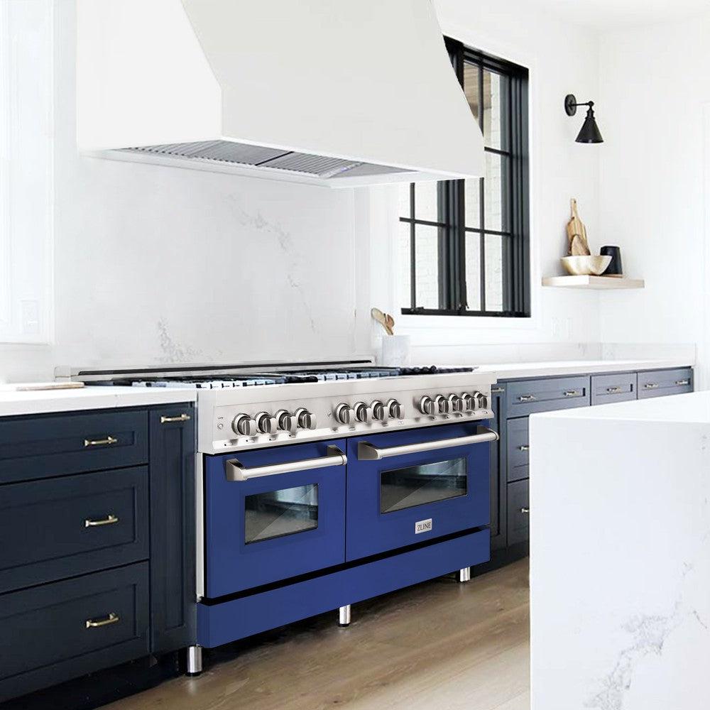 60 In. 7.4 Cu. Ft. Legacy Dual Fuel Range With 9 Burner Gas Cooktop And 2 Electric Convection Ovens In Stainless Steel And Blue Matte Doors RABM60