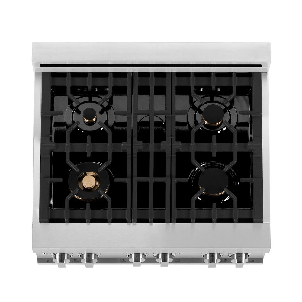 30 In. 4.0 Cu. Ft. Legacy Dual Fuel Range With Gas Cooktop And Electric Convection Oven In Stainless Steel With 4 Brass Burners RABR30