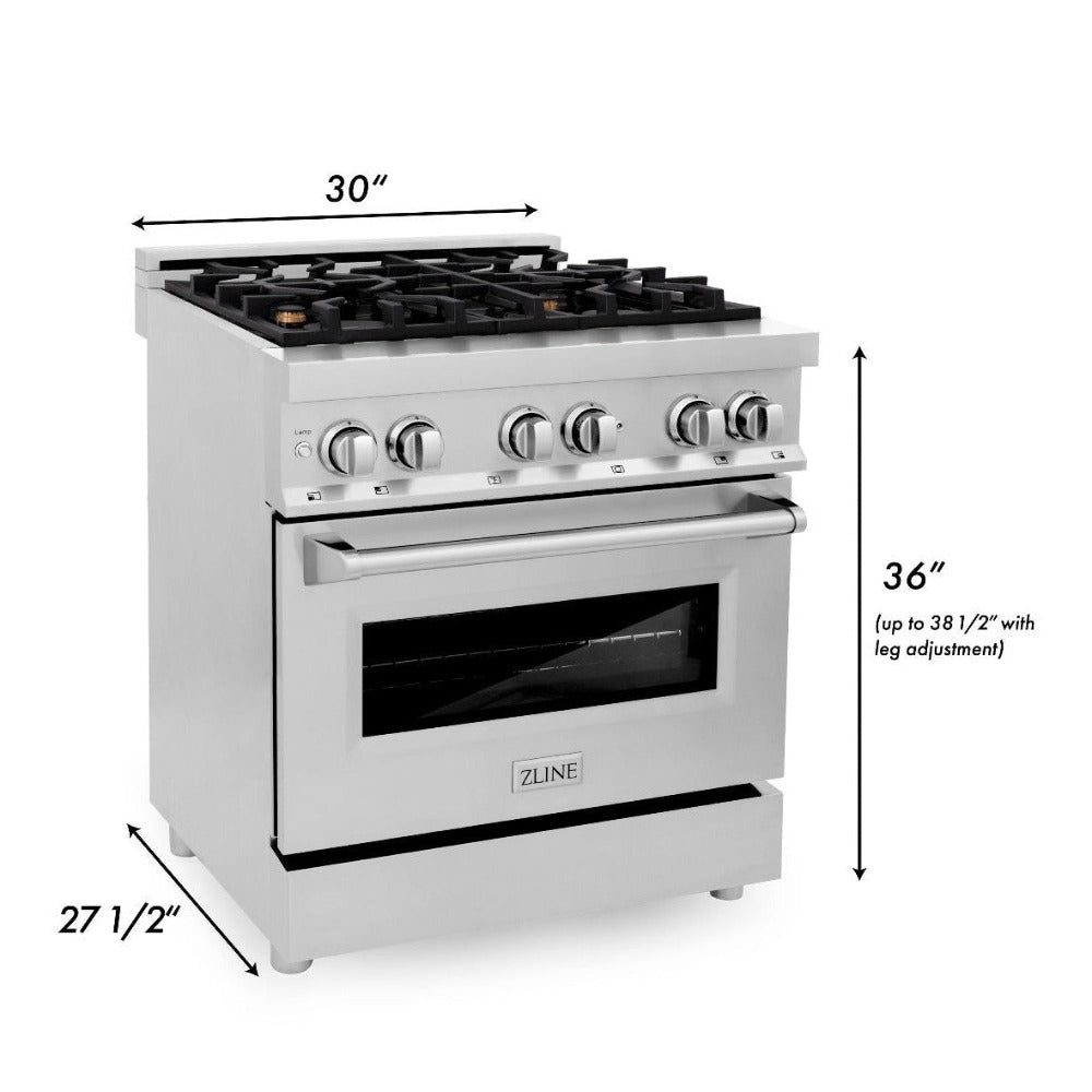 30 In. 4.0 Cu. Ft. Legacy Dual Fuel Range With Gas Cooktop And Electric Convection Oven In Stainless Steel With 4 Brass Burners RABR30