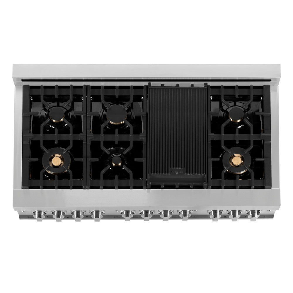 48 In. 6.0 Cu. Ft. Legacy Dual Fuel Range With Gas Cooktop And 2 Electric Ovens In Stainless Steel With Brass Burners RABR48