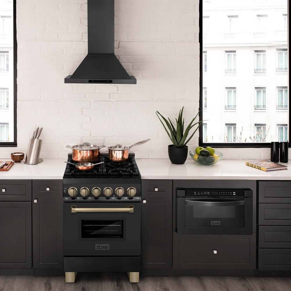 AutographEdition 24" 2.8 cu. ft. Dual Fuel Range with Gas Stove and Electric Oven in Black Stainless Steel with Champagne Bronze Accents RABZ24CB