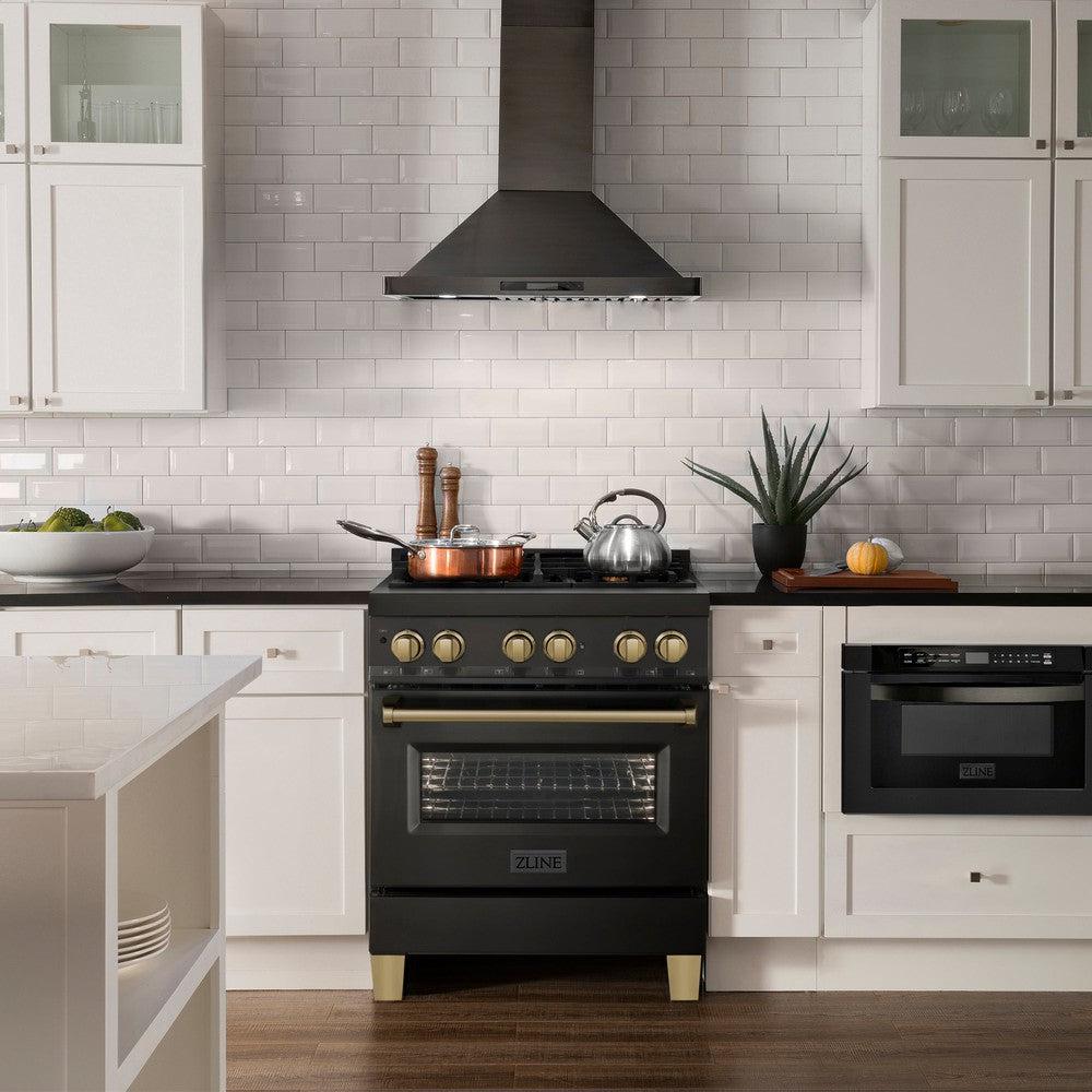 Autograph Edition 30 In. 4.0 Cu. Ft. Legacy Dual Fuel Range With 4 Burner Gas Cooktop And Electric Convection Oven In Black Stainless Steel And Champagne Bronze Accents RABZ30CB