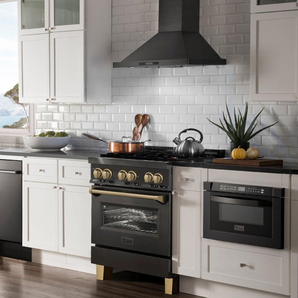 Autograph Edition 30 In. 4.0 Cu. Ft. Legacy Dual Fuel Range With 4 Burner Gas Cooktop And Electric Convection Oven In Black Stainless Steel And Champagne Bronze Accents RABZ30CB