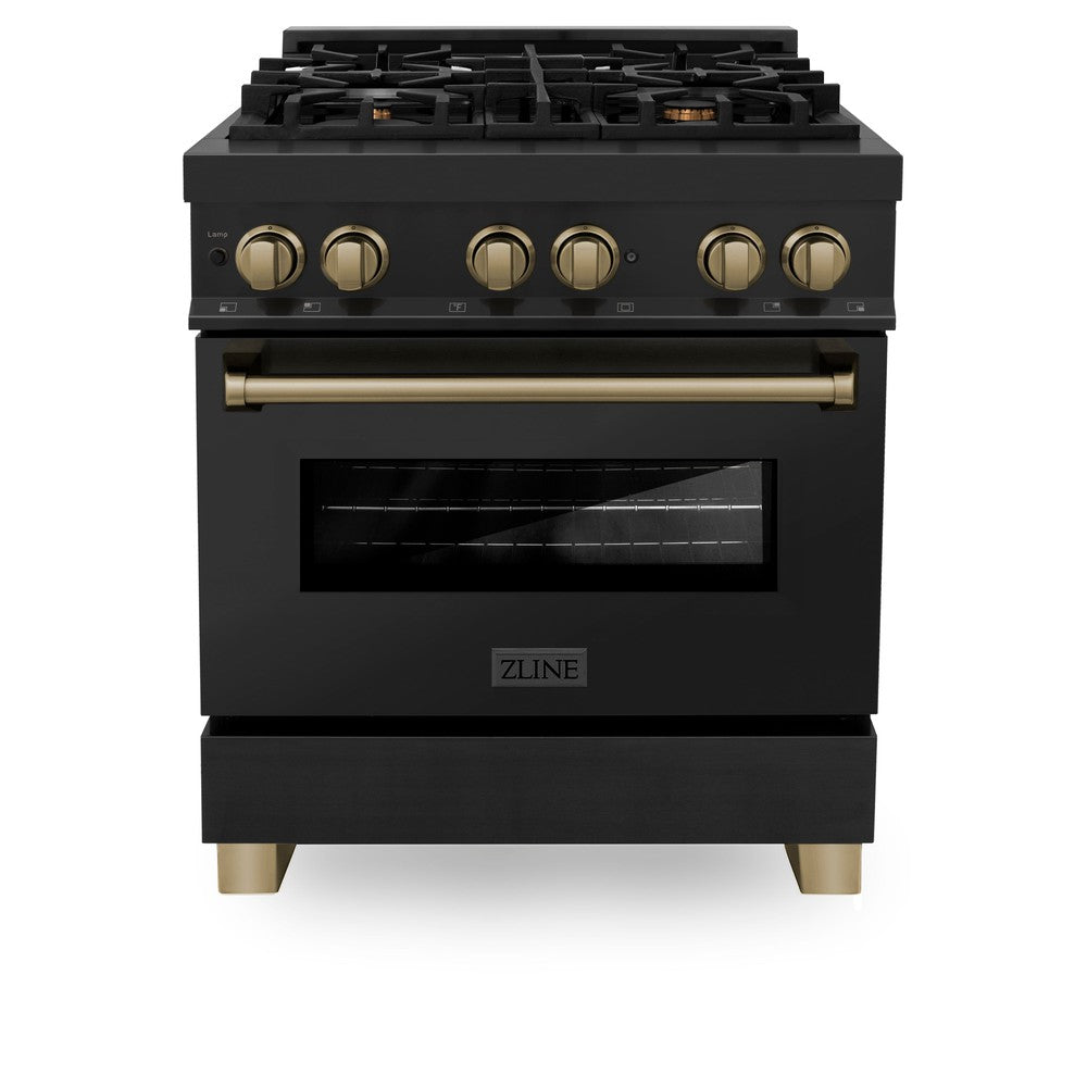 Autograph Edition 30 In. 4.0 Cu. Ft. Legacy Dual Fuel Range With 4 Burner Gas Cooktop And Electric Convection Oven In Black Stainless Steel And Champagne Bronze Accents RABZ30CB