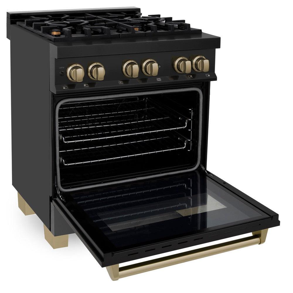 Autograph Edition 30 In. 4.0 Cu. Ft. Legacy Dual Fuel Range With 4 Burner Gas Cooktop And Electric Convection Oven In Black Stainless Steel And Champagne Bronze Accents RABZ30CB
