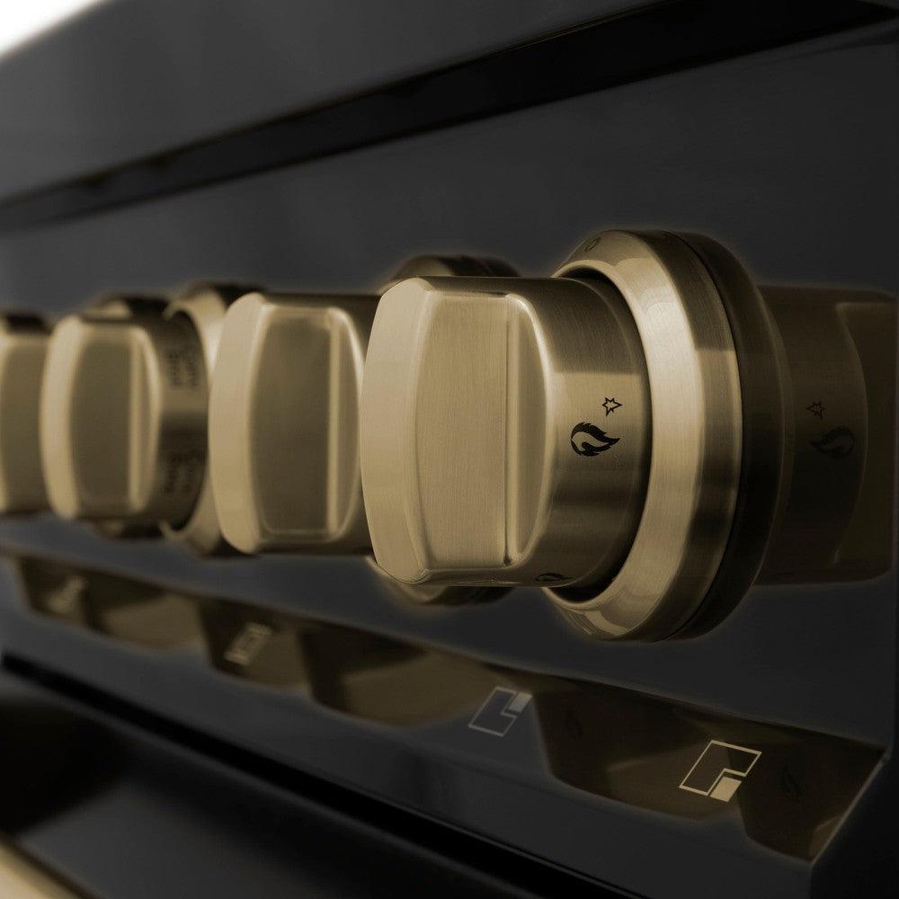 Autograph Edition 30 In. 4.0 Cu. Ft. Legacy Dual Fuel Range With 4 Burner Gas Cooktop And Electric Convection Oven In Black Stainless Steel And Champagne Bronze Accents RABZ30CB
