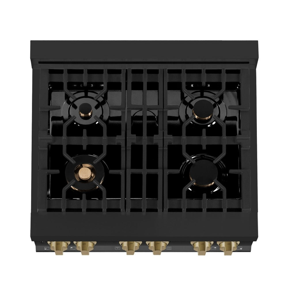 Autograph Edition 30 In. 4.0 Cu. Ft. Legacy Dual Fuel Range With 4 Burner Gas Cooktop And Electric Convection Oven In Black Stainless Steel And Champagne Bronze Accents RABZ30CB