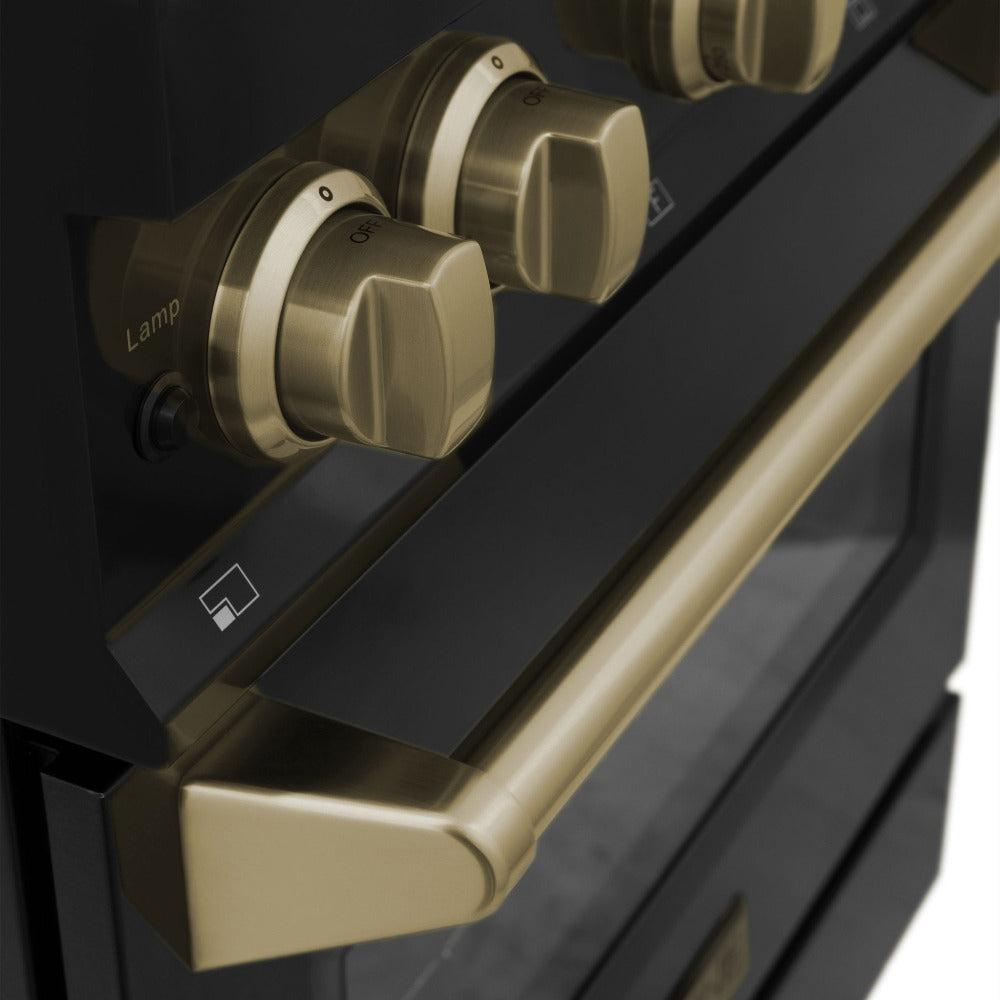 Autograph Edition 30 In. 4.0 Cu. Ft. Legacy Dual Fuel Range With 4 Burner Gas Cooktop And Electric Convection Oven In Black Stainless Steel And Champagne Bronze Accents RABZ30CB
