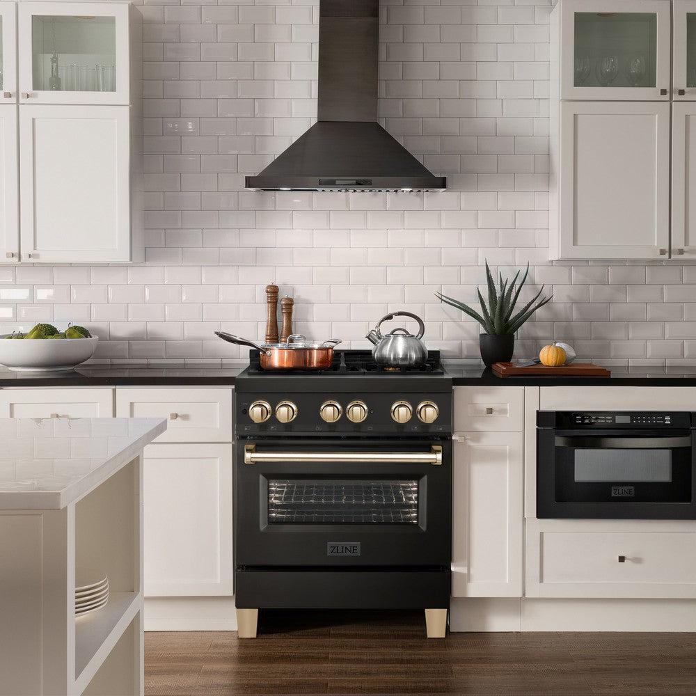 Autograph Edition 30 In. 4.0 Cu. Ft. Legacy Dual Fuel Range With 4 Burner Gas Cooktop And Electric Convection Oven In Black Stainless Steel And Polished Gold Accents RABZ30G