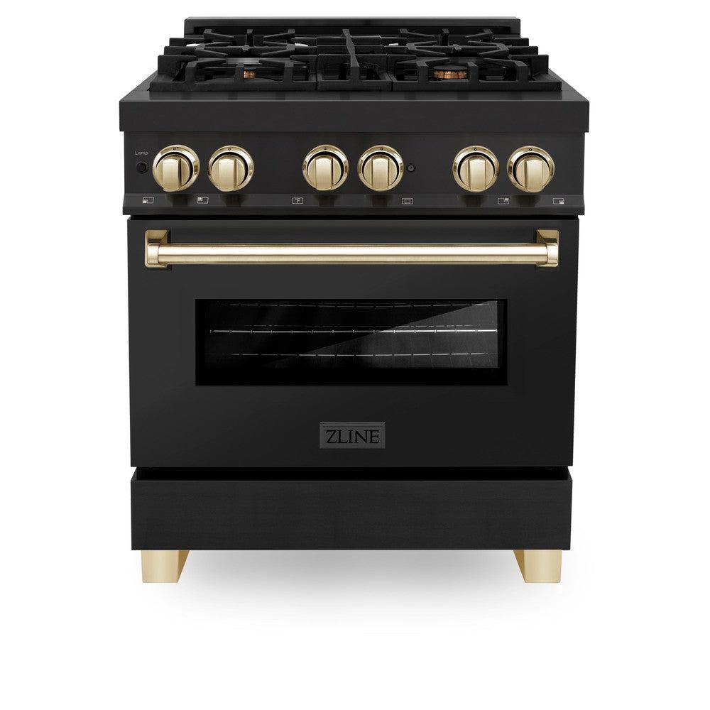 Autograph Edition 30 In. 4.0 Cu. Ft. Legacy Dual Fuel Range With 4 Burner Gas Cooktop And Electric Convection Oven In Black Stainless Steel And Polished Gold Accents RABZ30G