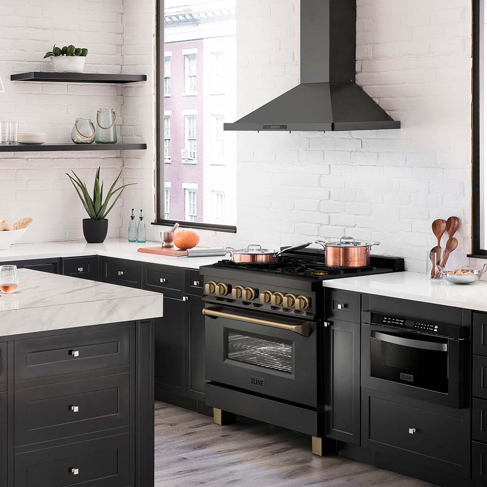 Autograph Edition 36 In. 4.6 Cu. Ft. Legacy Dual Fuel Range With 6 Burner Gas Cooktop And Electric Convection Oven In Black Stainless Steel And Champagne Bronze Accents RABZ36CB