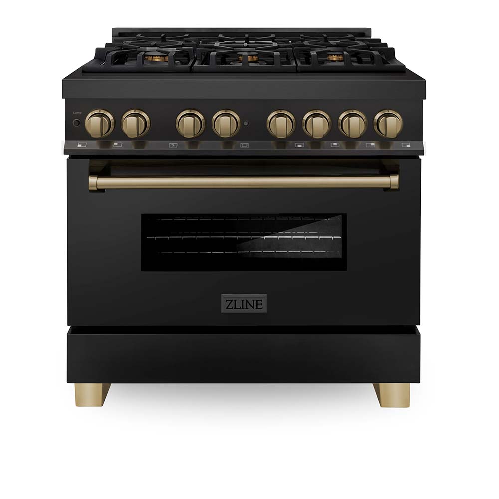 Autograph Edition 36 In. 4.6 Cu. Ft. Legacy Dual Fuel Range With 6 Burner Gas Cooktop And Electric Convection Oven In Black Stainless Steel And Champagne Bronze Accents RABZ36CB