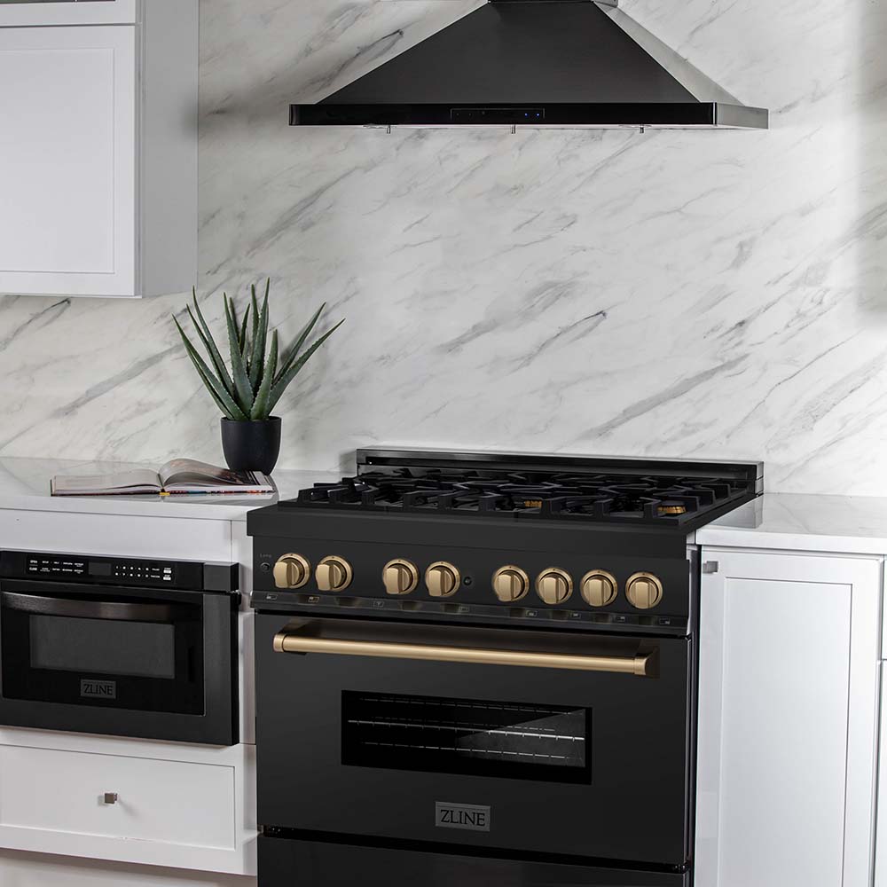 Autograph Edition 36 In. 4.6 Cu. Ft. Legacy Dual Fuel Range With 6 Burner Gas Cooktop And Electric Convection Oven In Black Stainless Steel And Champagne Bronze Accents RABZ36CB